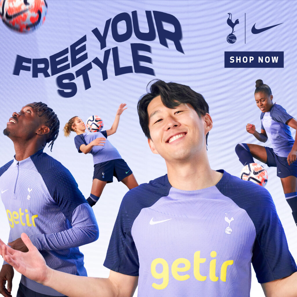 Campaign visual for the Tottenham Hotspur kit launch with the text FREE YOUR STYLE
