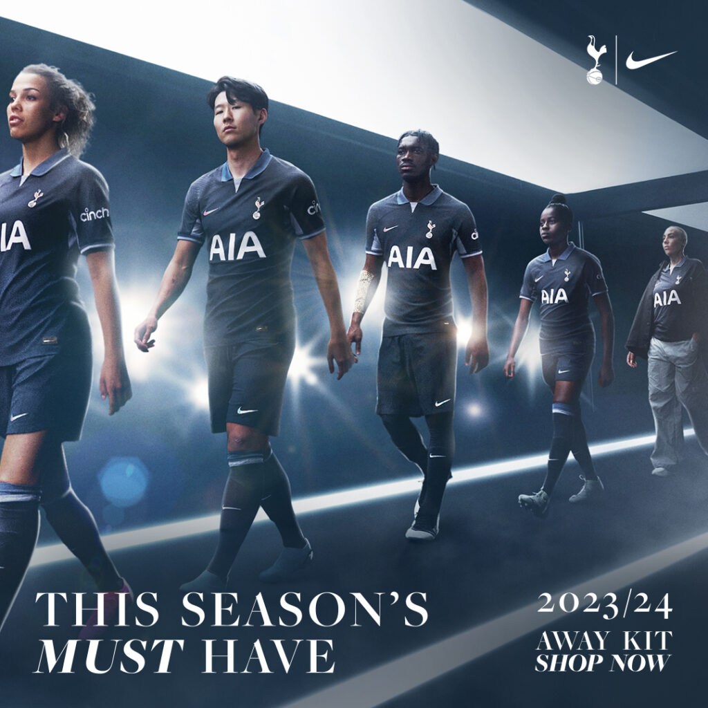 Tottenham Hotspur away kit campaign visual showing 5 players walking down a cat walk