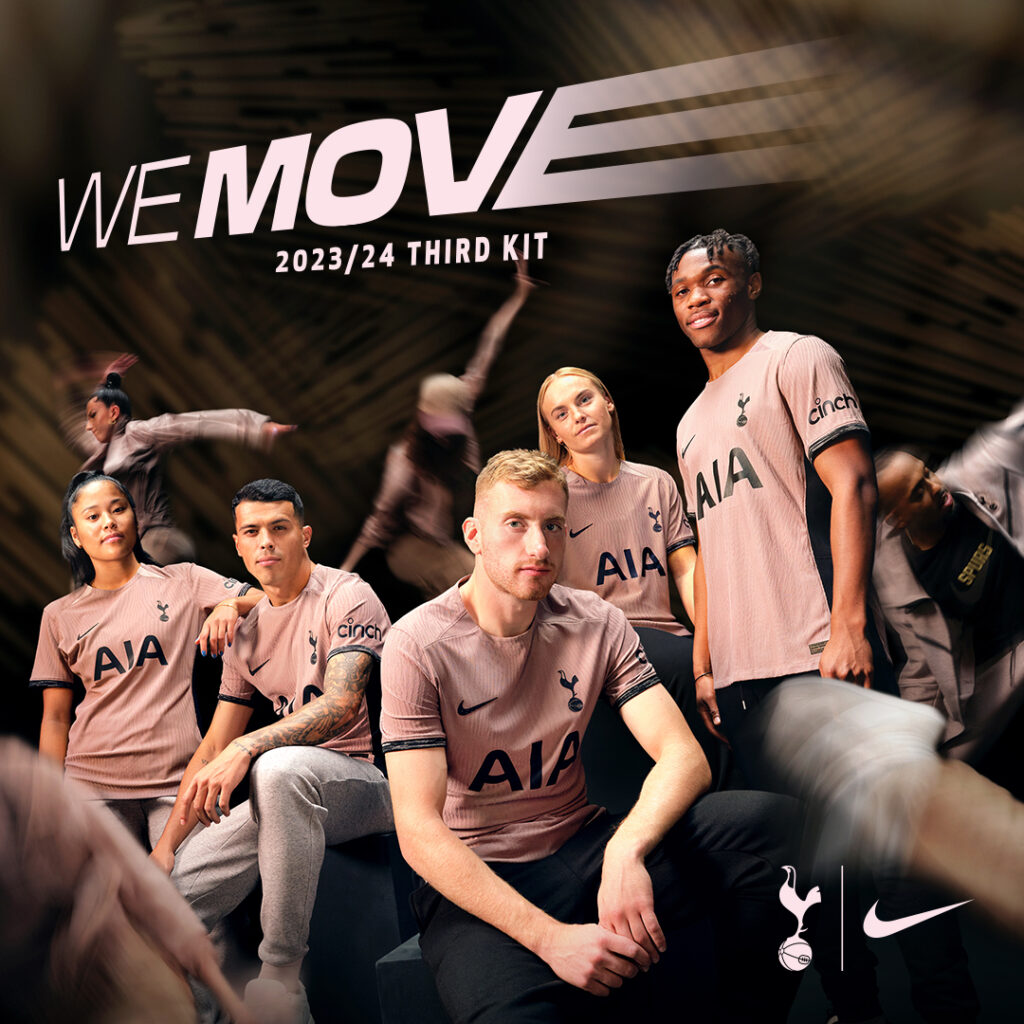 Tottenham Hotspur third kit launch campaign visual showing 5 players with the text WE MOVE 2023/24 THIRD KIT