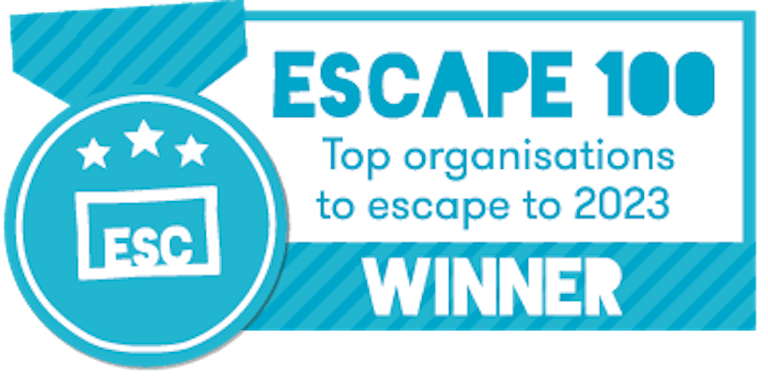Escape 100 winner logo in blue and white
