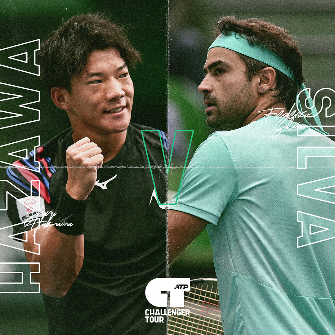 Tennis players, Hazawa and Silva celebrating with grunge overlay and ATP Challenger Tour logo.