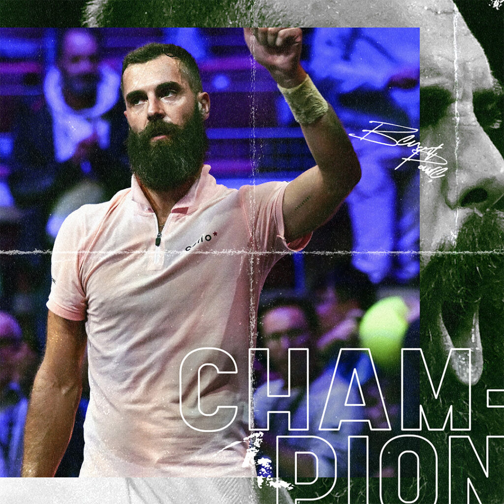CHAMPION text and tennis player, Benoit Paire celebrating with textured overlay.