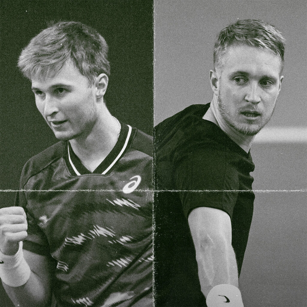 Two-panel image featuring two tennis players, one in playing action and one celebrating in black and white.