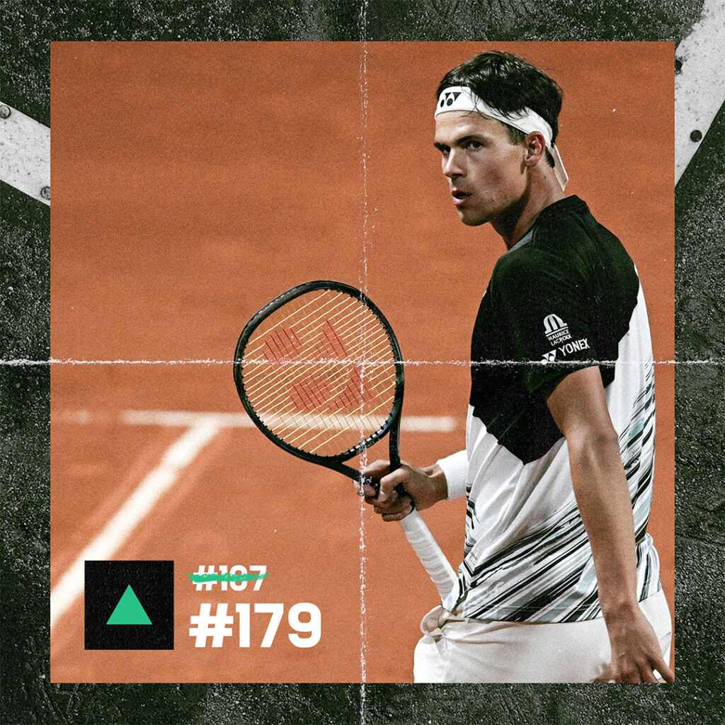 ATP Challenger player graphic with celebrating player, arrow and #179 graphic
