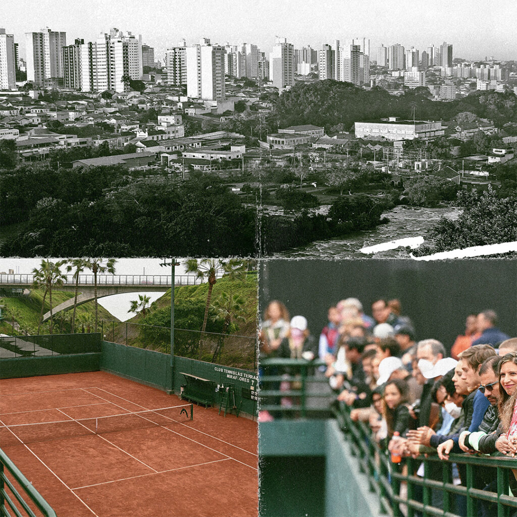 City landscape, clay tennis court and crowd shot with paper overlayed textured