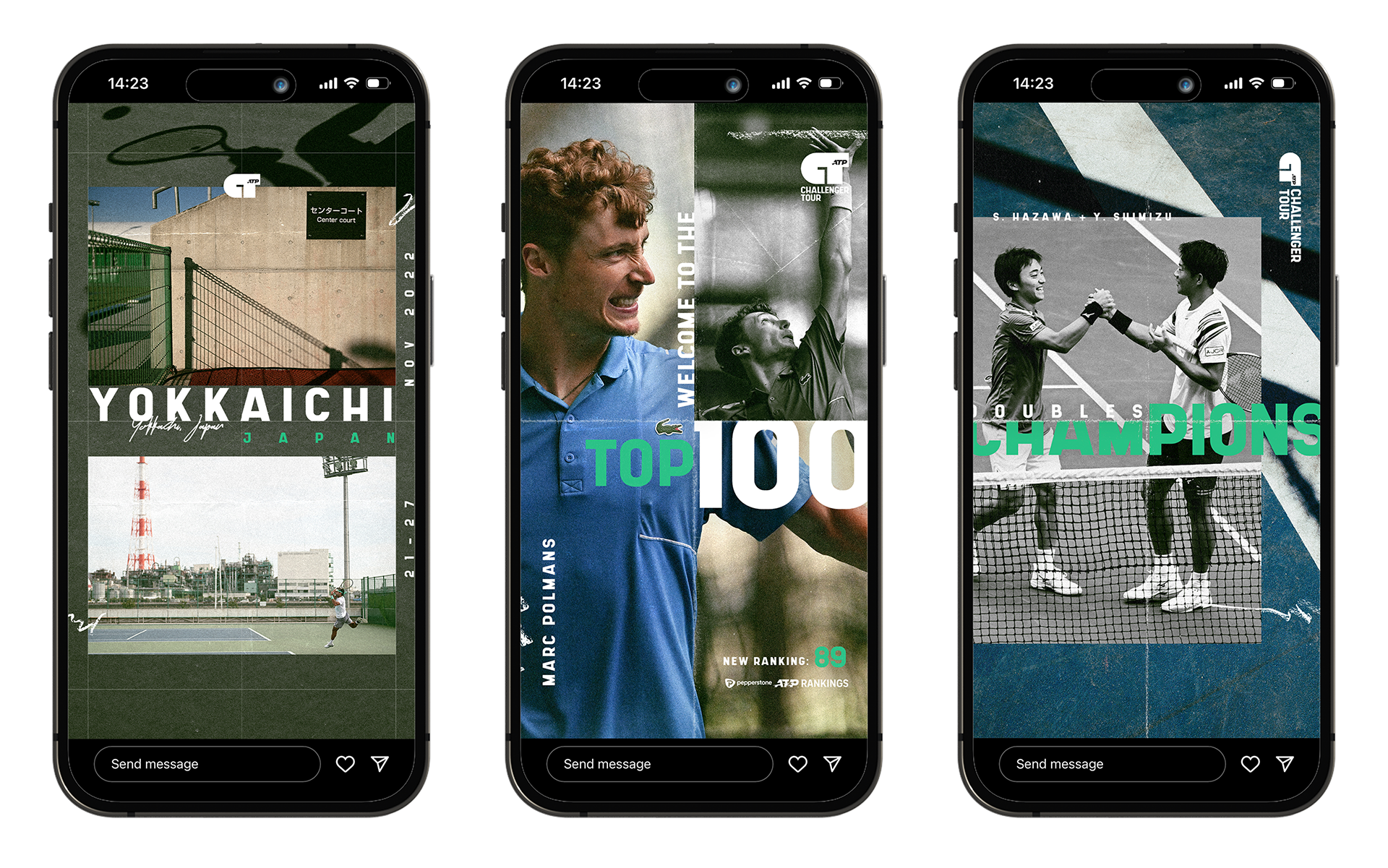 iPhone mock ups showing Yokaaichi image, Welcome to Top 100 graphic and doubles champions social posts