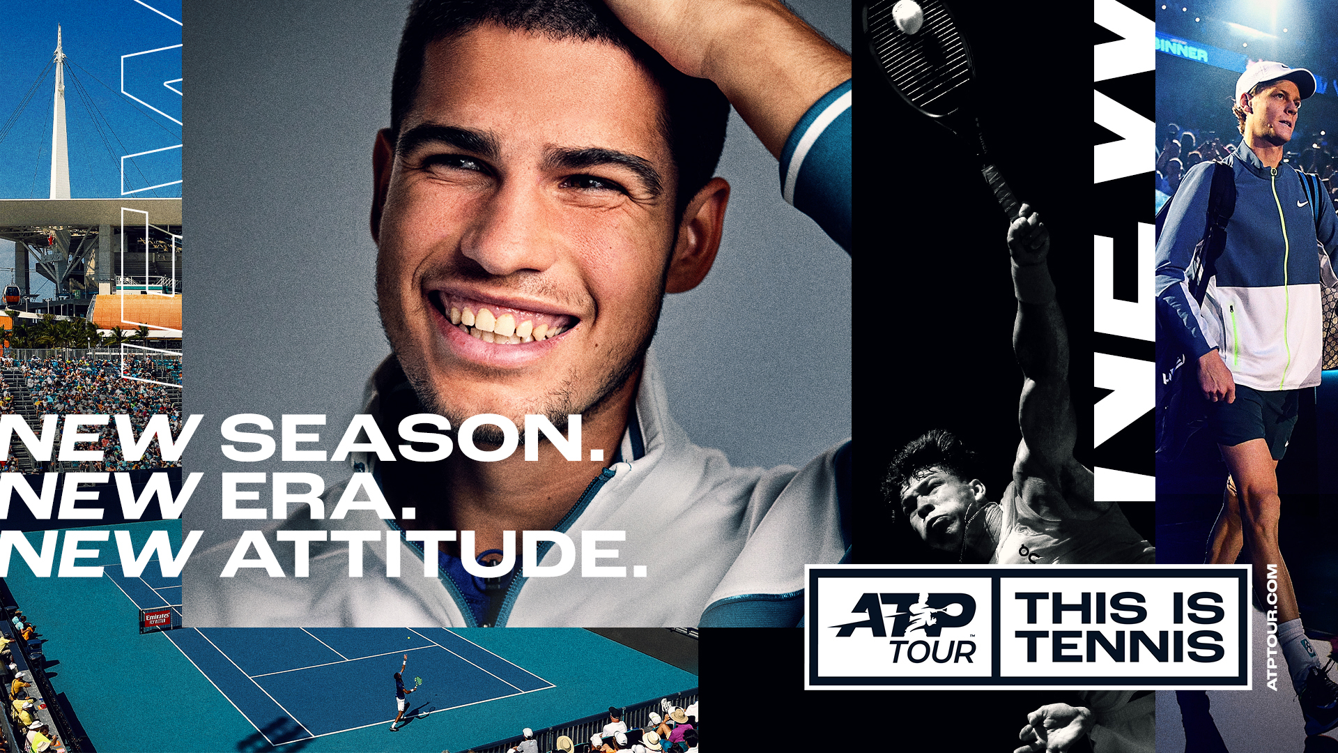 Carlos Alcaraz, Jannik Sinner and tennis court with New Season, New Era, New Attitude headline and ATP This Is Tennis logo