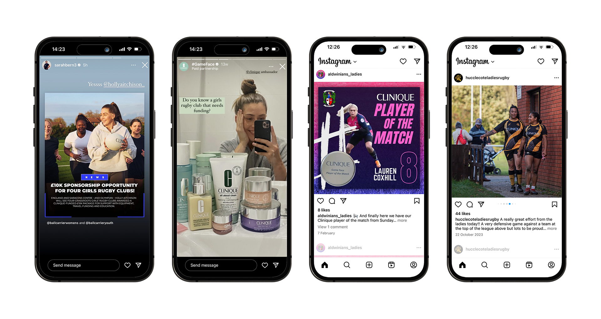 Set of 4 phones showing various instagram posts from the Clinique Game Face campaign