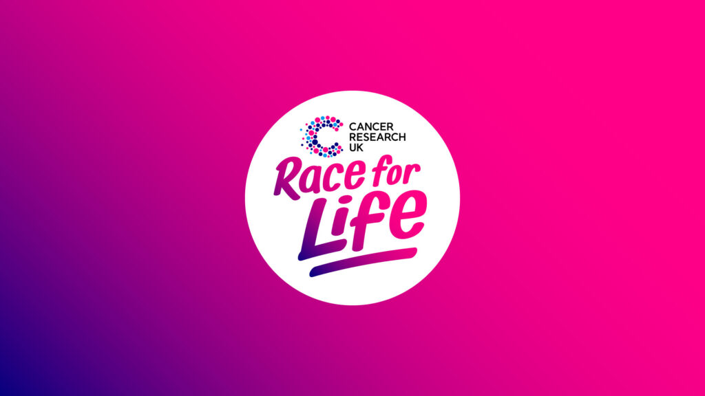 Race for Life logo on a pink and purple gradient background