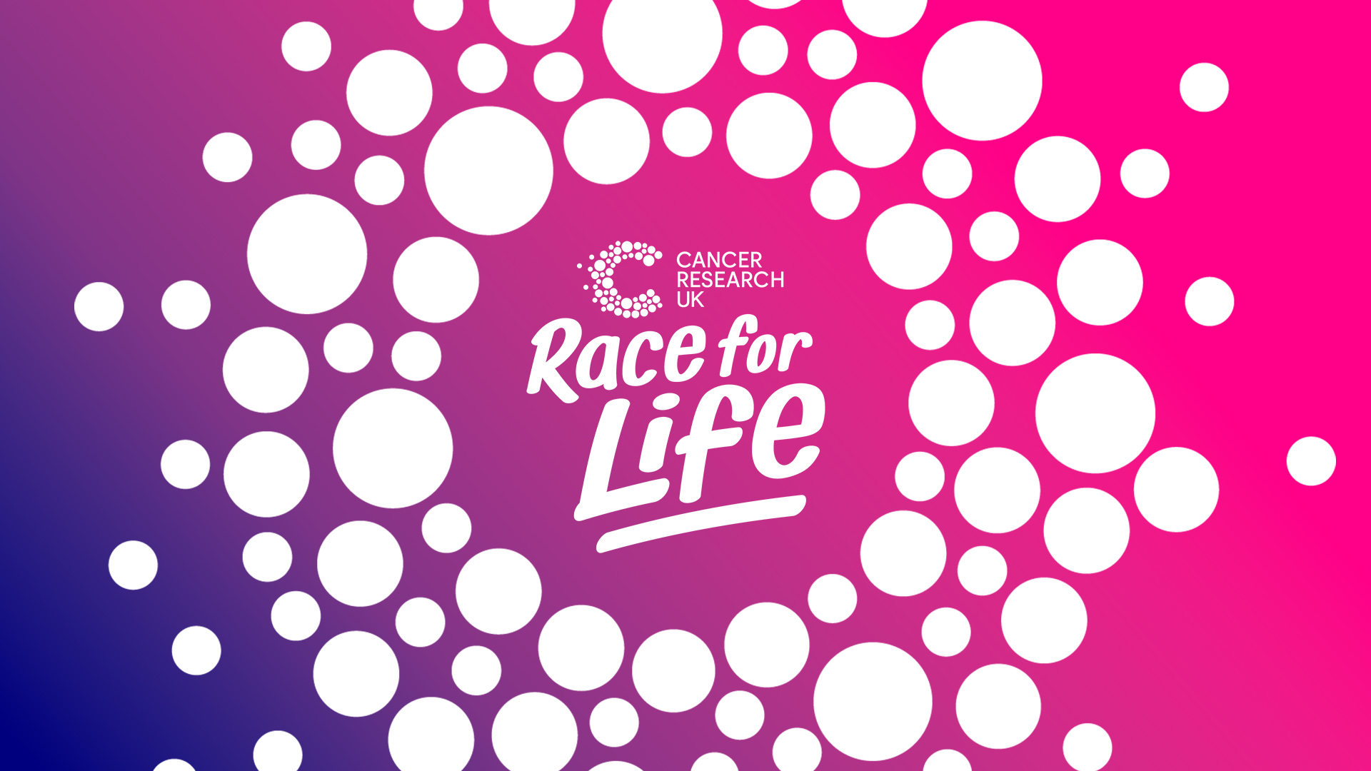 Pink and purple gradient with white dots and Race for Life logo on top