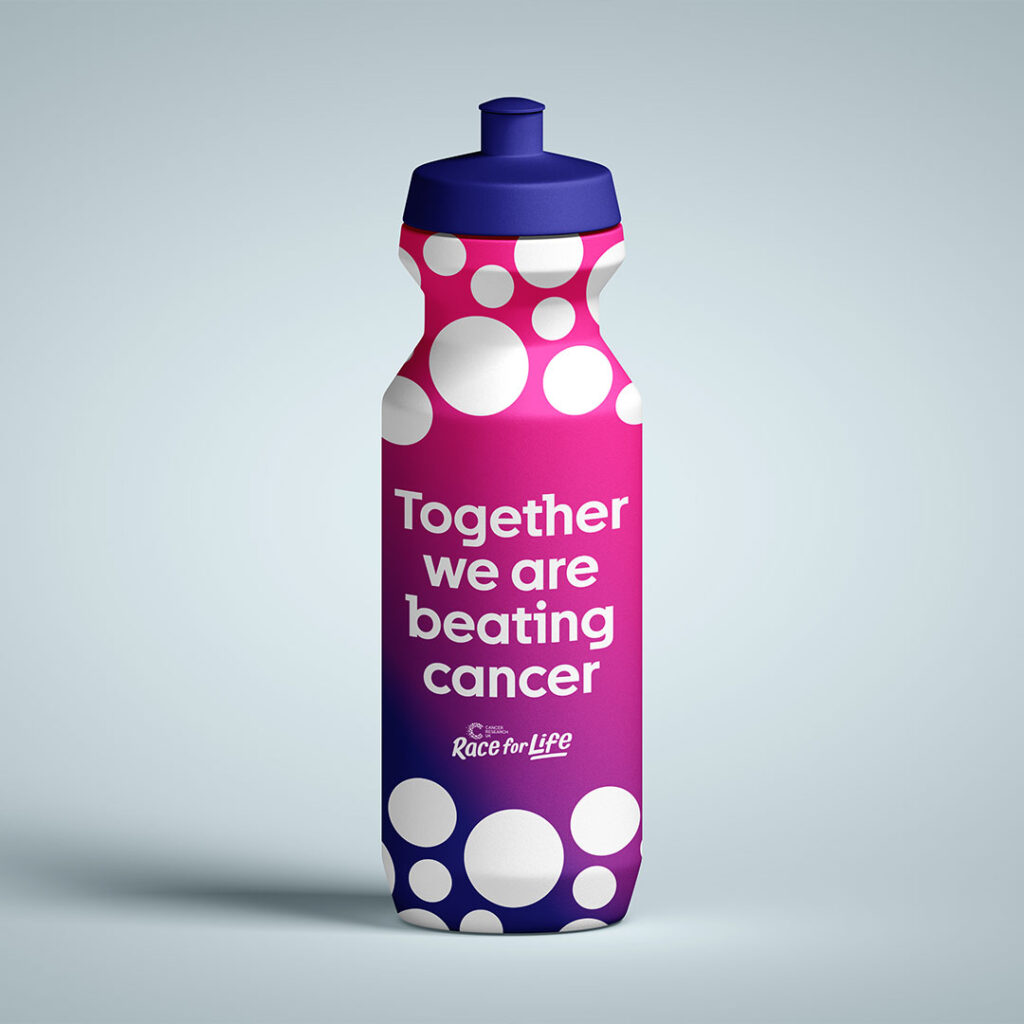 Branded Race for Life water bottle which says 'Together we are beating cancer'