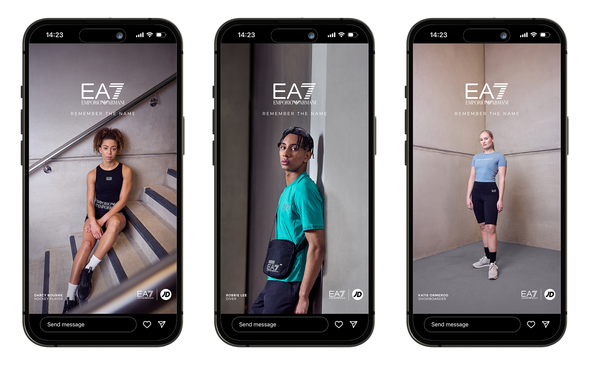 3 iPhones displaying 3 Instagram stories. One features a young female model wearing EA7 activewear, the second features a young male athlete wearing EA7 activewear, and the third features another young female model wearing EA7 activewear. All 3 also feature the EA7 logo and the headline REMEMBER THE NAME
