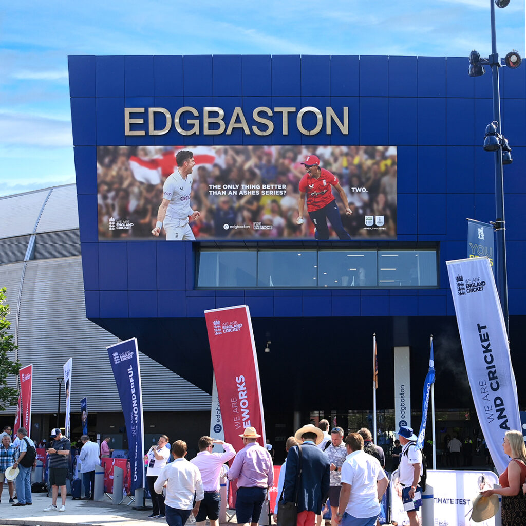 Ashes, Two Ashes campaign printed on the side of Edgbaston stadium