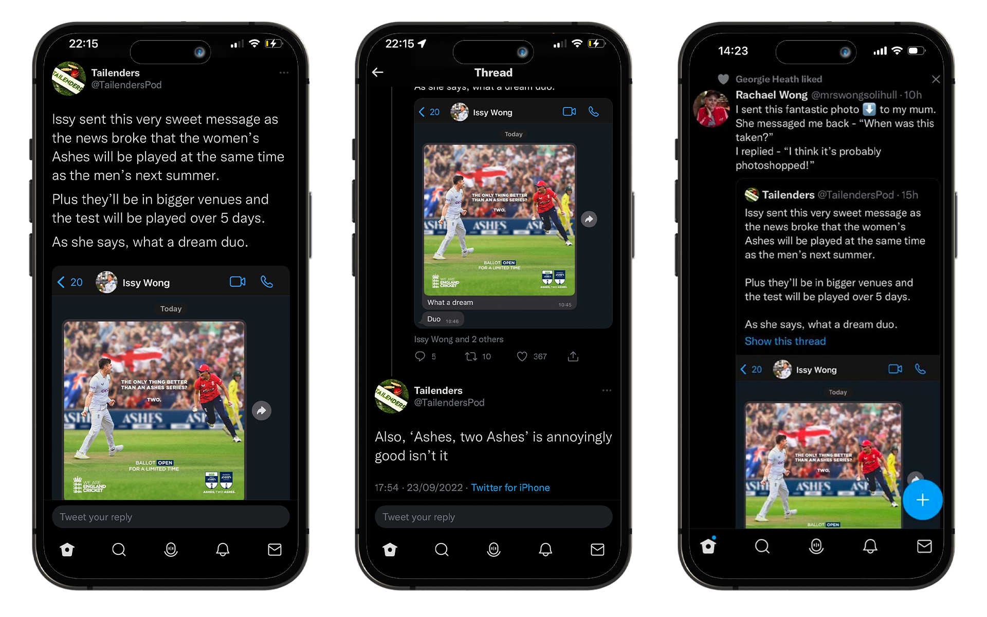 Phone mockups showing social media reactions to the Ashes, Two Ashes campaign