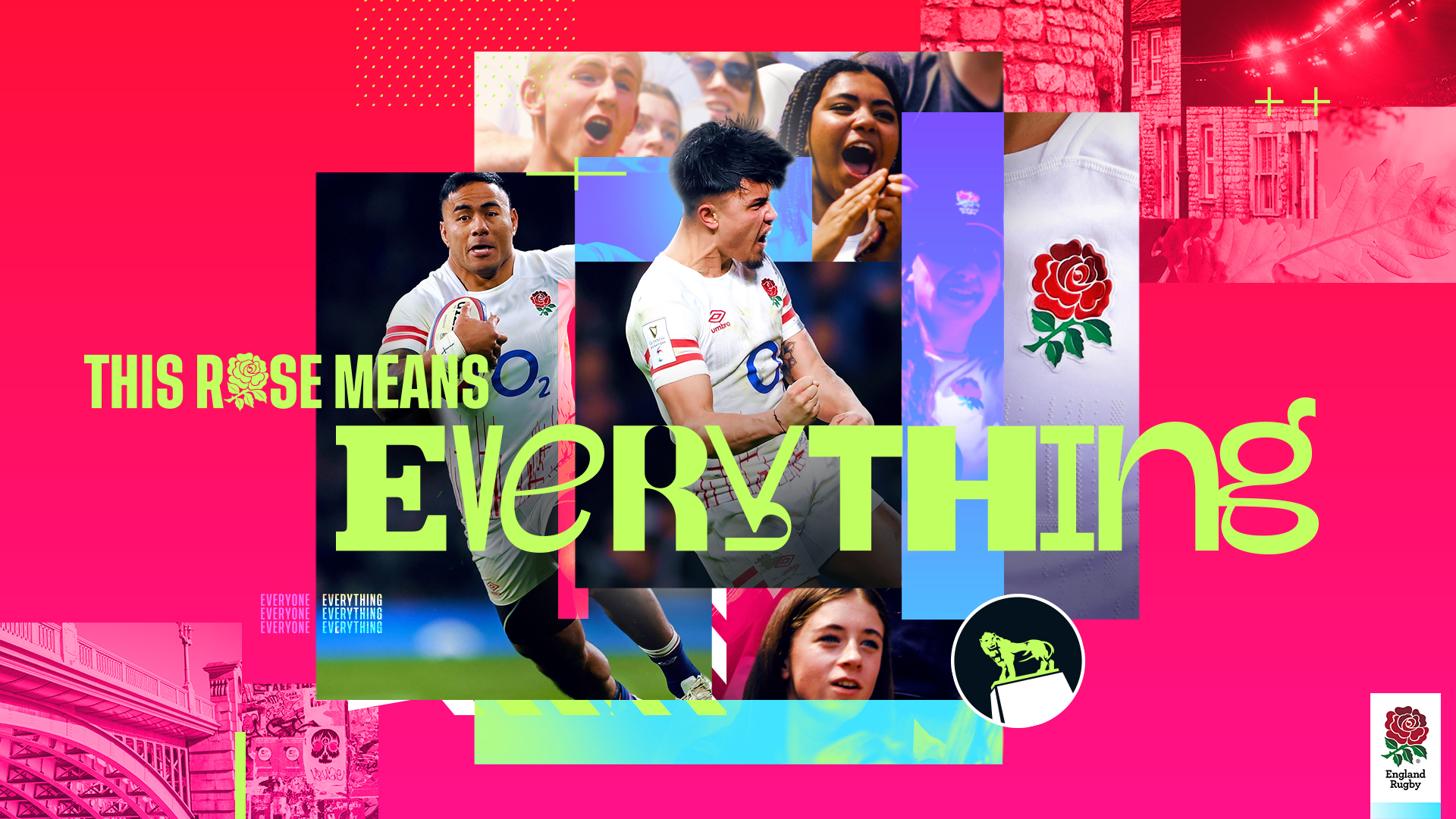 Pink and purple graphic including two England players and the words THIS ROSE MEANS EVERYTHING for England Rugby's This Rose Means Everything campaign