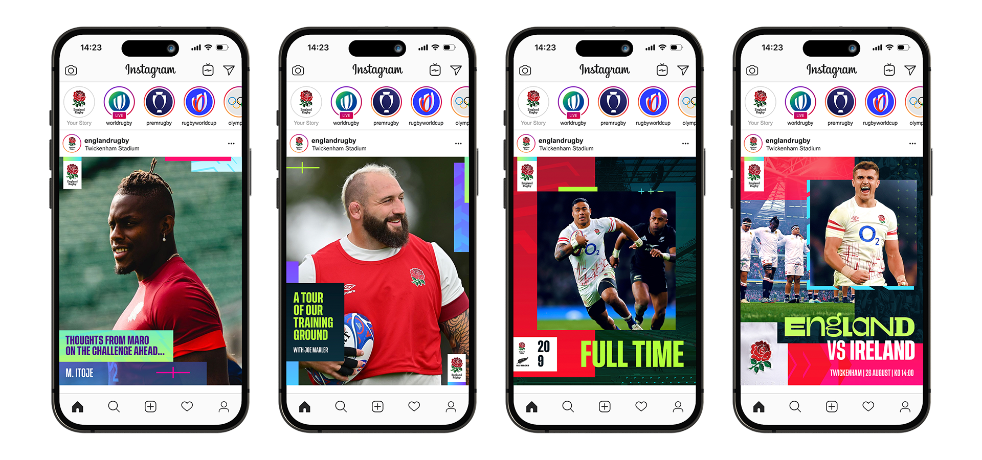 4 phone mock ups showing the England Rugby - This Rose Means Everything campaign executed on social media