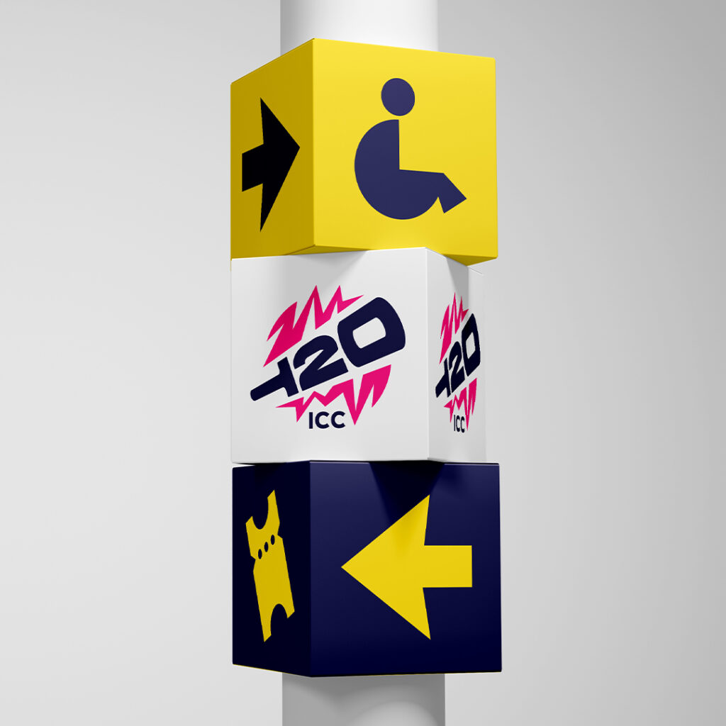 ICC T20 world cup logo on a white block above a block with a navy and yellow ticket icon and arrow icon and below a yellow and navy arrow icon and wheelchair icon