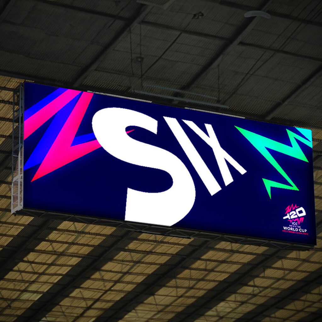 Stadium screen showing the ICC T20 brand graphics on a dark blue background with the word SIX written largely