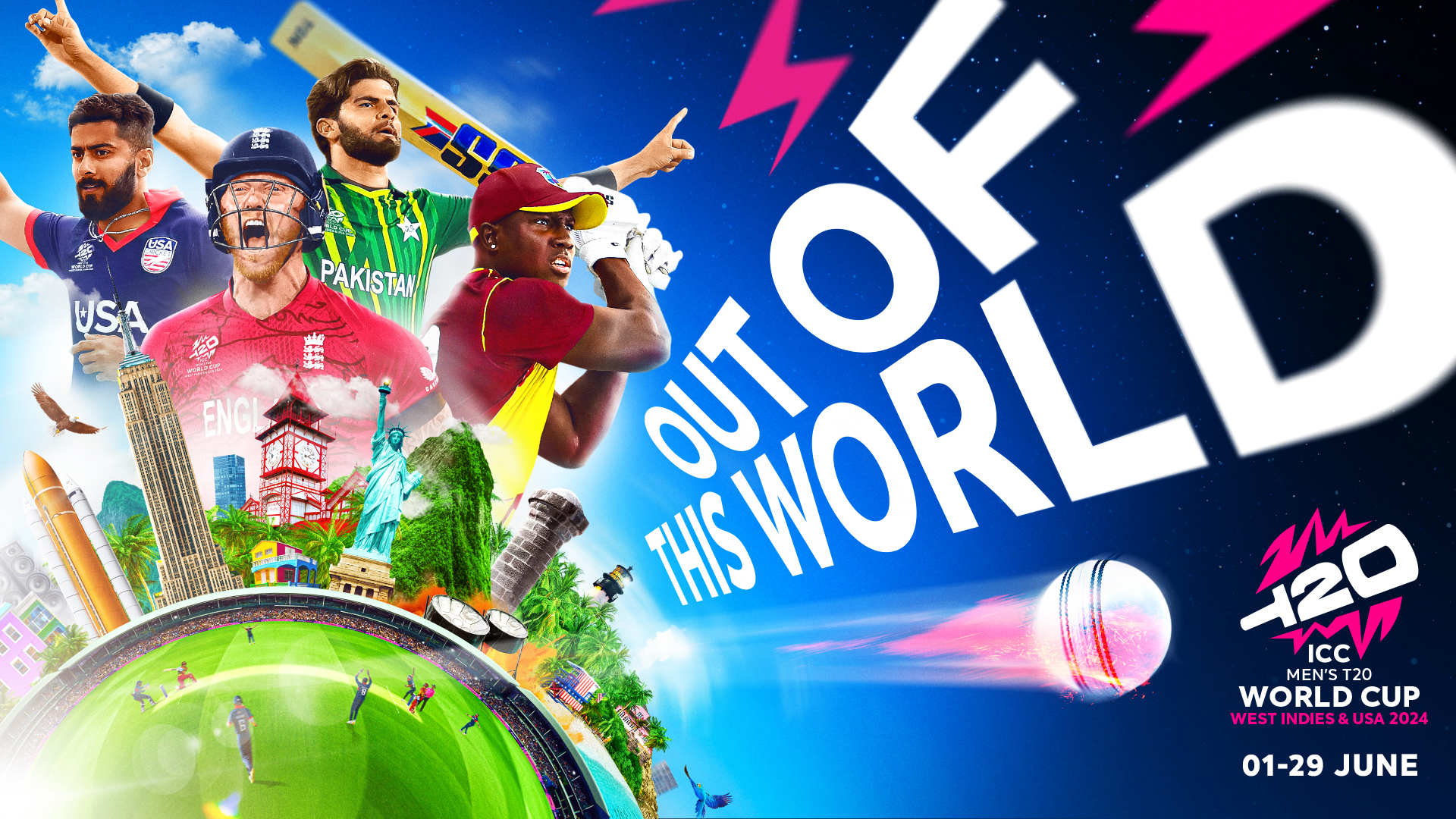 ICC OUT OF THIS WORLD campaign visual showing 4 male cricket players on a blue background with world landmarks in a globe shape and the ICC Men's T20 World Cup West Indies & USA 2024 logo