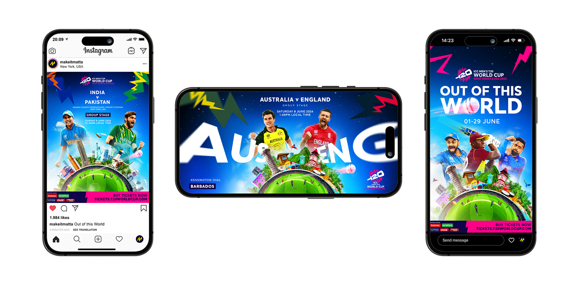 3 phone mock ups showing the ICC Out Of This World campaign executed across social and phone formats