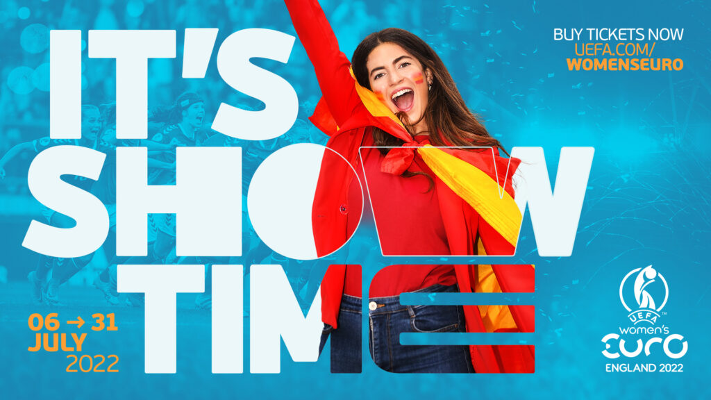 Graphic for the UEFA Women's Euro 2022 IT'S SHOW TIME campaign showing a female wearing red on a blue background