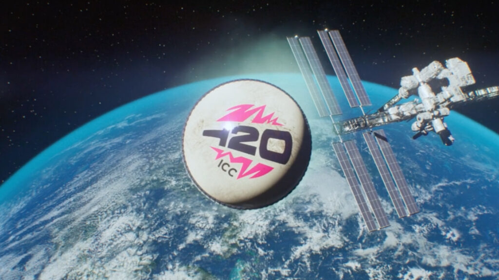 Still of T20 ICC cricket ball in outer space with a view of earth from the ICC Out Of This World Campaign TV advert