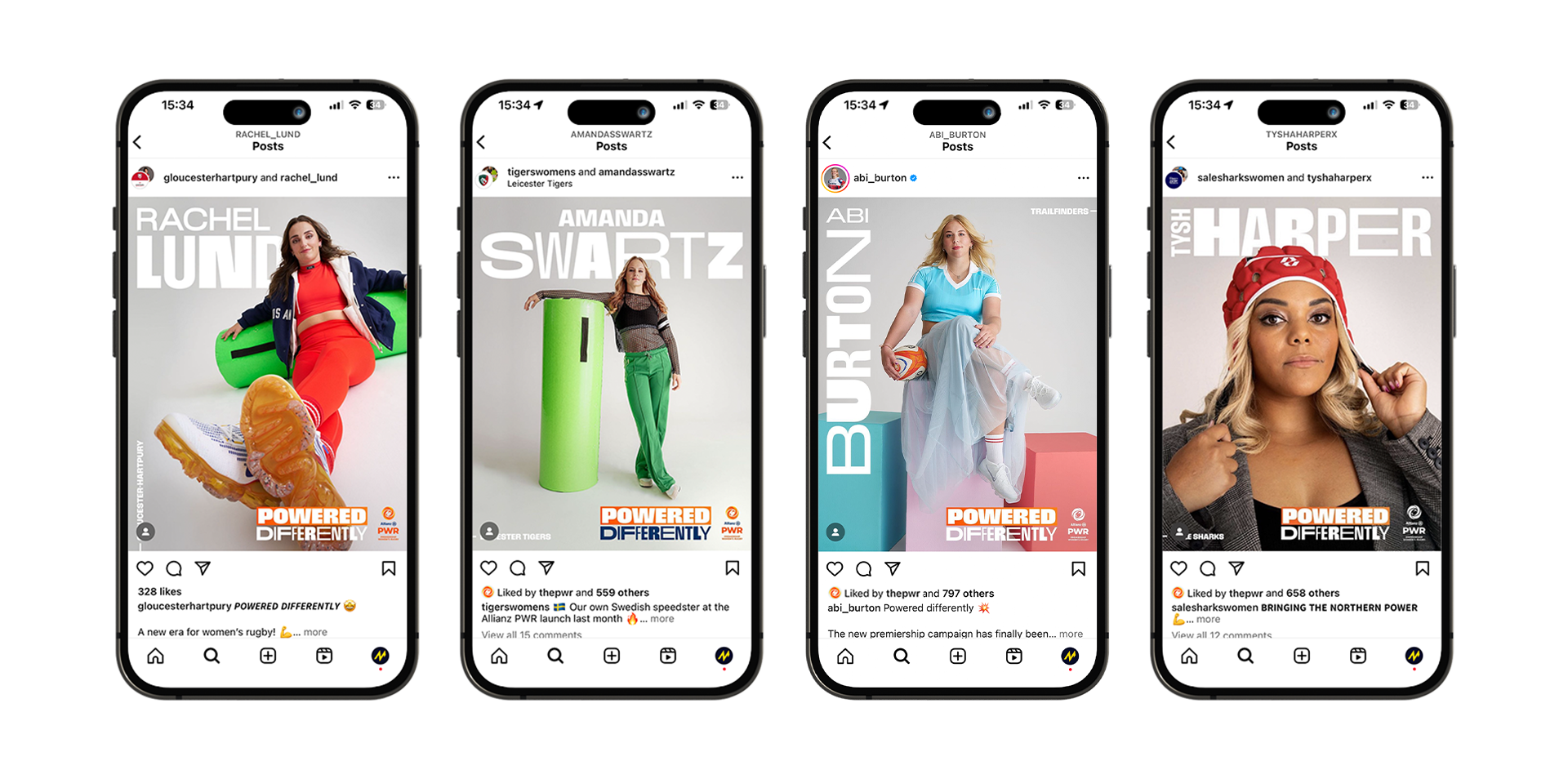 Set of 4 phones showing various instagram posts of the Powered Differently player assets