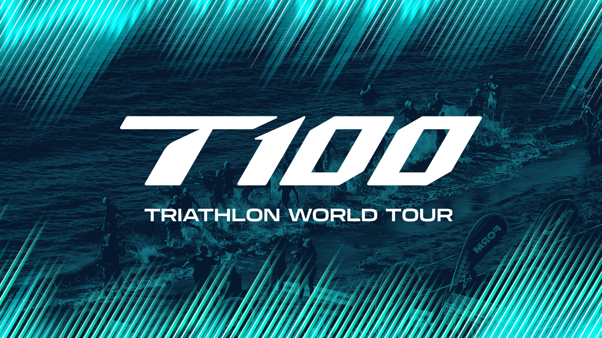 Blue background graphic showing the new T100 logo with the text TRIATHLON WORLD TOUR in white with cyan lines at the top and bottom