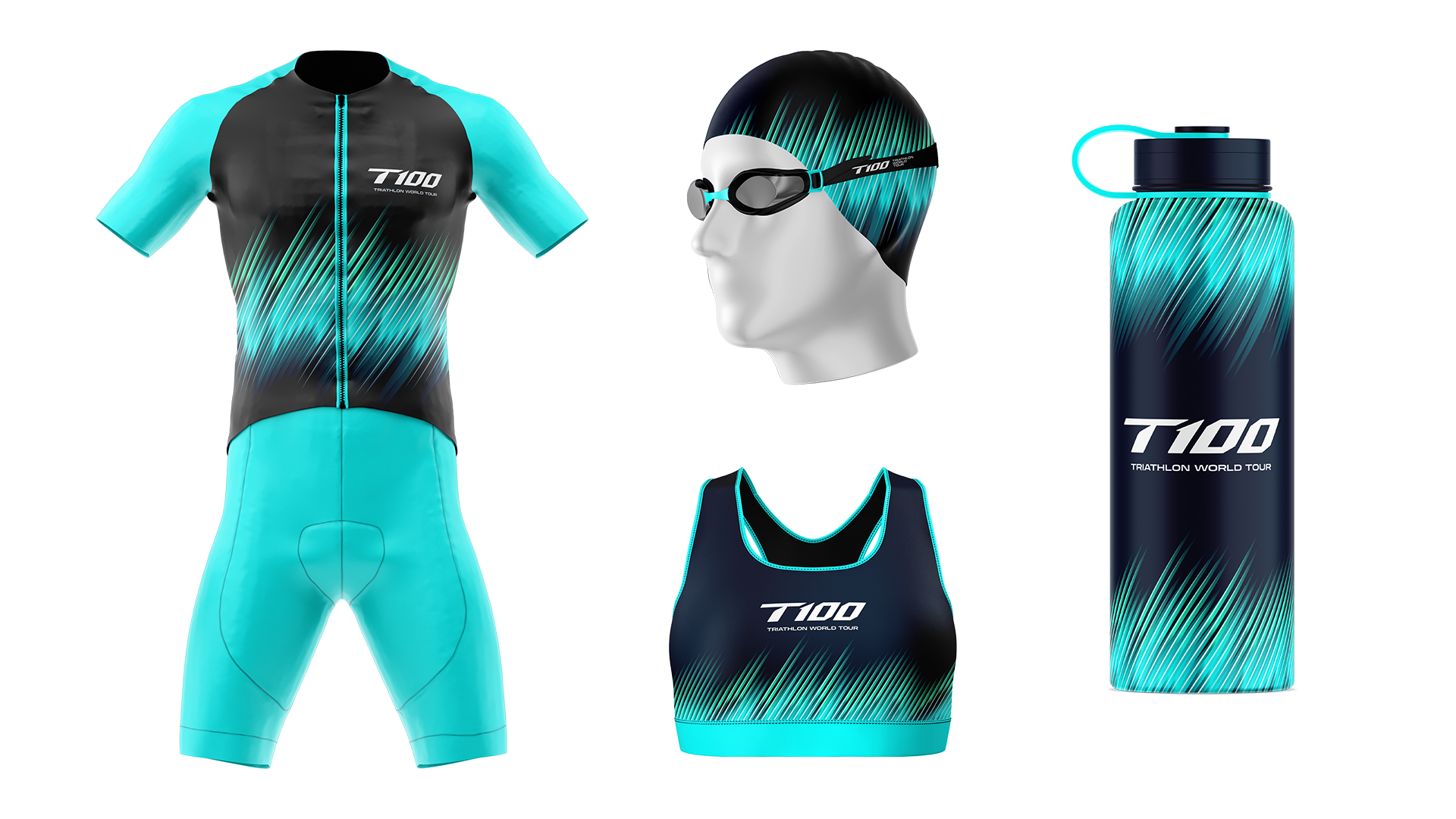 Mock up of the T100 rebrand across merchandise - water bottle, sports bra, swimming cap and goggles, swimsuit