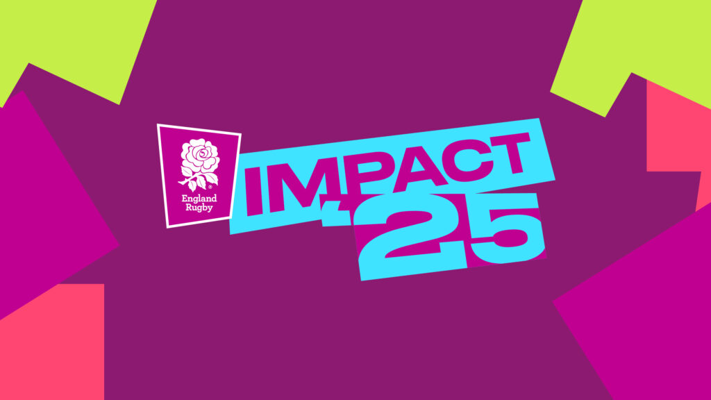 RFU Impact '25 brand key visual. Purple background with green and pink geometric shapes around the edge and blue and purple Impact'25 logo in the centre.