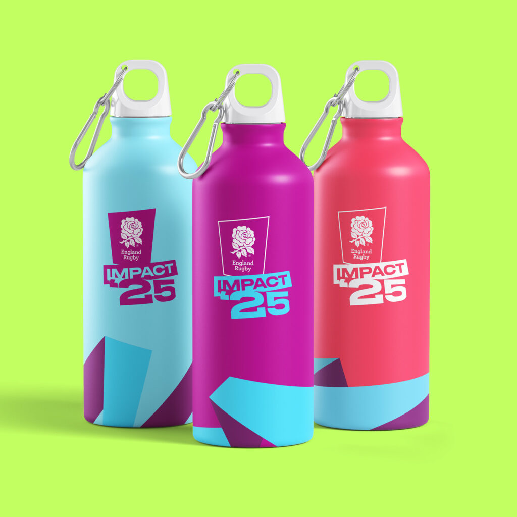 Coloured water bottles with Impact '25 branding on a bright green background