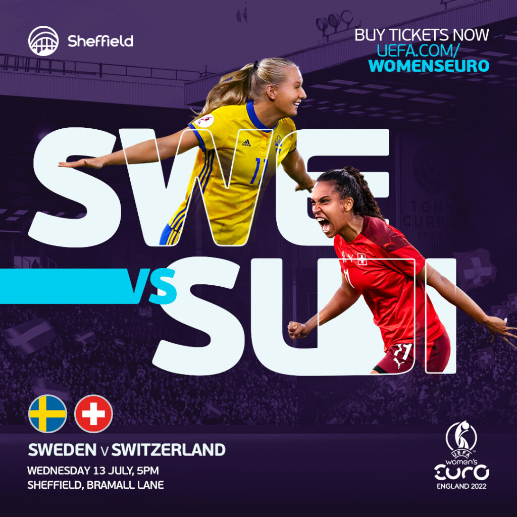 Women's Euros campaign asset featuring Swedish and Swiss players and fixture information