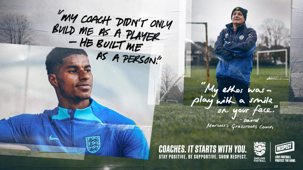 Key Visual from FA Respect campaign featuring Marcus Rashford and coach with handwritten quotes from both
