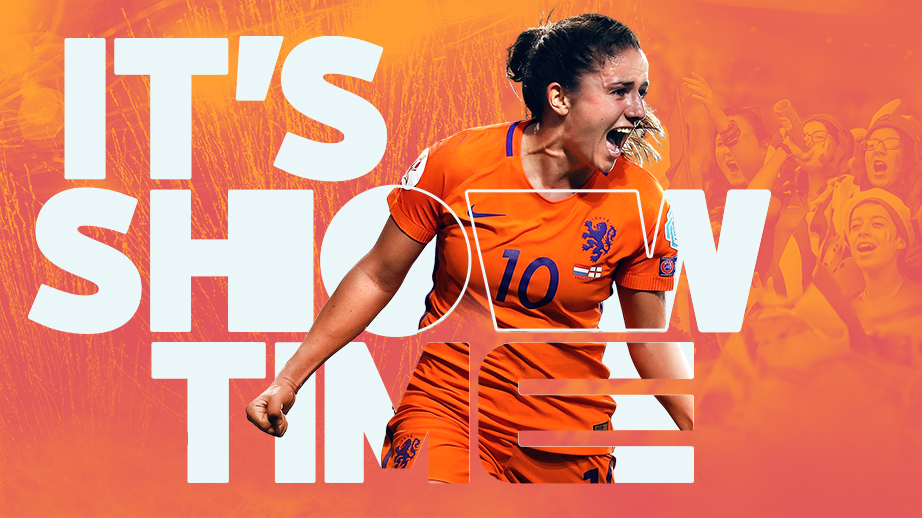 Women's Euros campaign image featuring Daniëlle van de Donk celebrating, fans in the background and 'It's Show Time' text