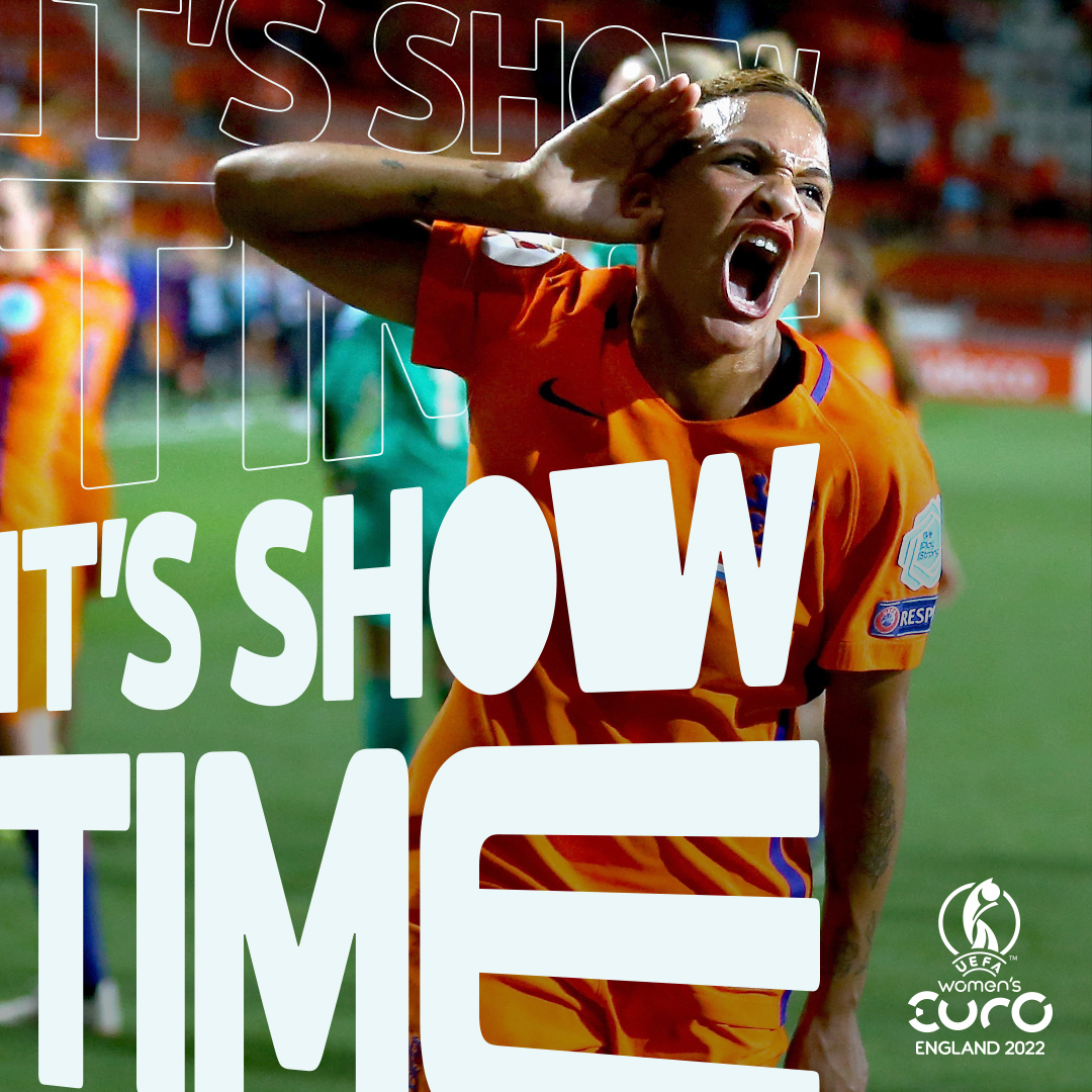 Women's Euros campaign image featuring Netherlands player and 'It's Show Time' text angled on a perspective warp