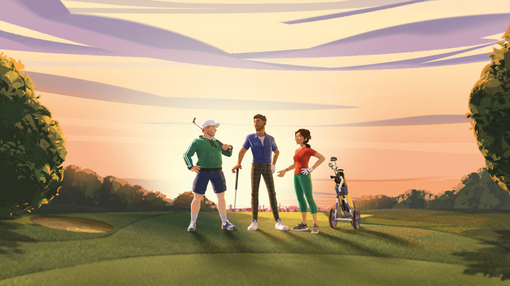 Three characters on golf course from Golf is Good film