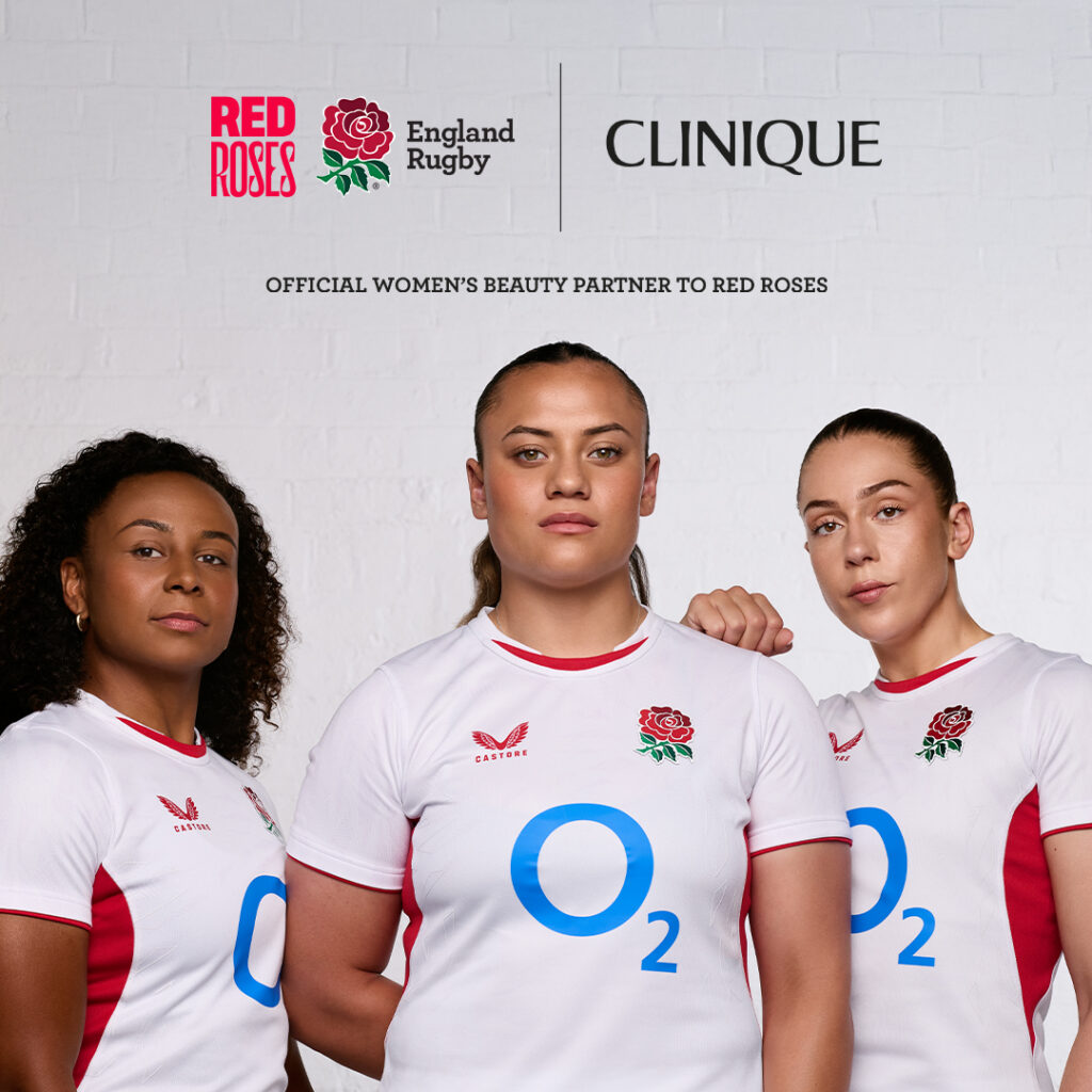 Three Red Roses players with England Rugby and Clinique logo lockup