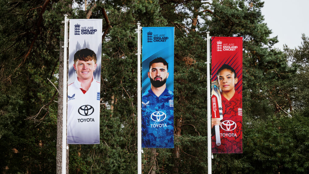 Flag poles showing the rebrand