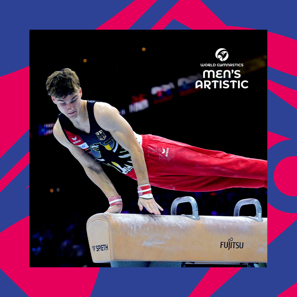 World Gymnastics social post with World GymnasticsMen's Artistic logo and image of male gymnast on pommel horse within blue and red abstract branding pattern frame
