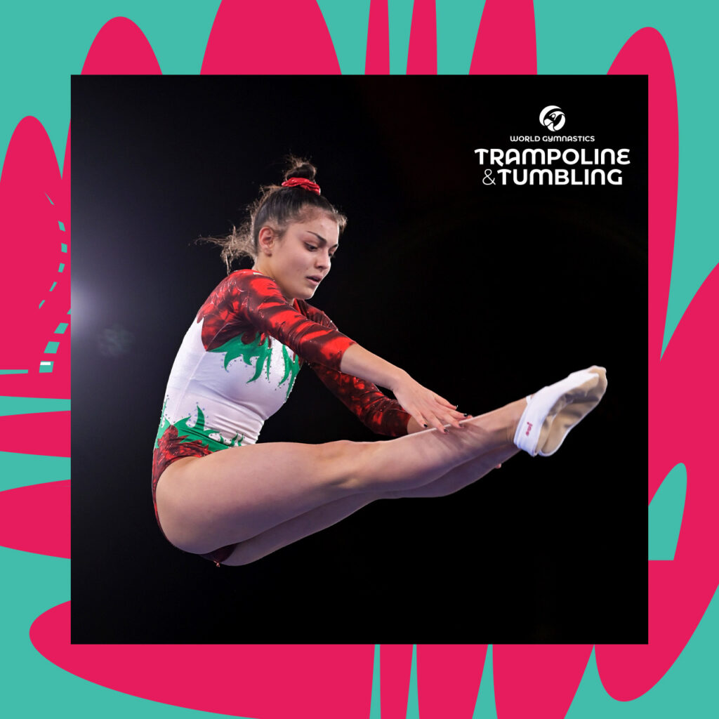 World Gymnastics social post with World Gymnastics Trampoline & Tumbling logo and image of female gymnast within green and pink abstract branding pattern frame
