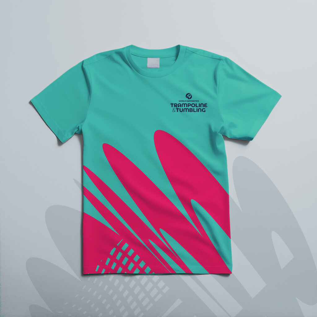 World Gymnastics Trampoline & Tumbling t-shirt in turquoise with pink abstract branding pattern