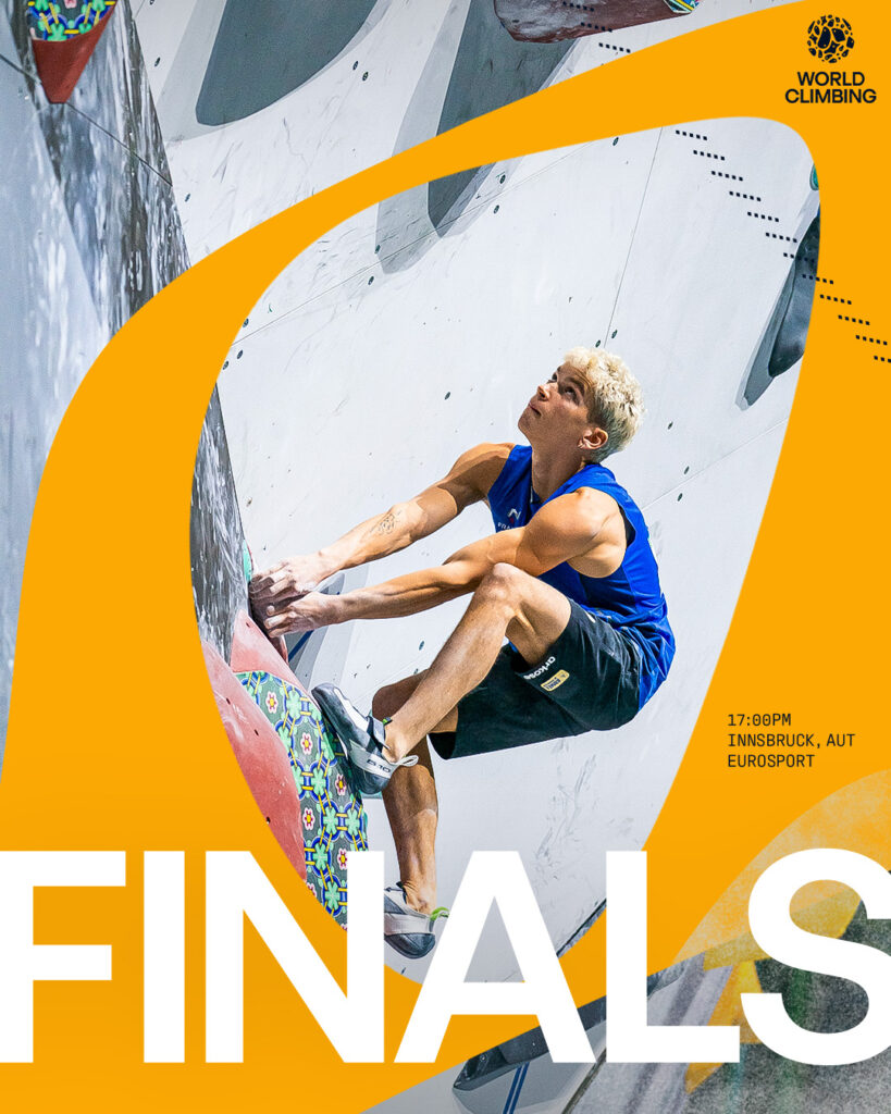 World Climbing social post showing male climber ascending wall within yellow abstract hand hold shaped frame promoting Finals
