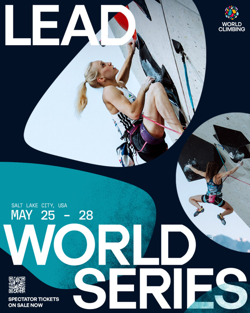 World Climbing social post promoting the World Series with 2 images of female climbers and graphical hand hold shape branding