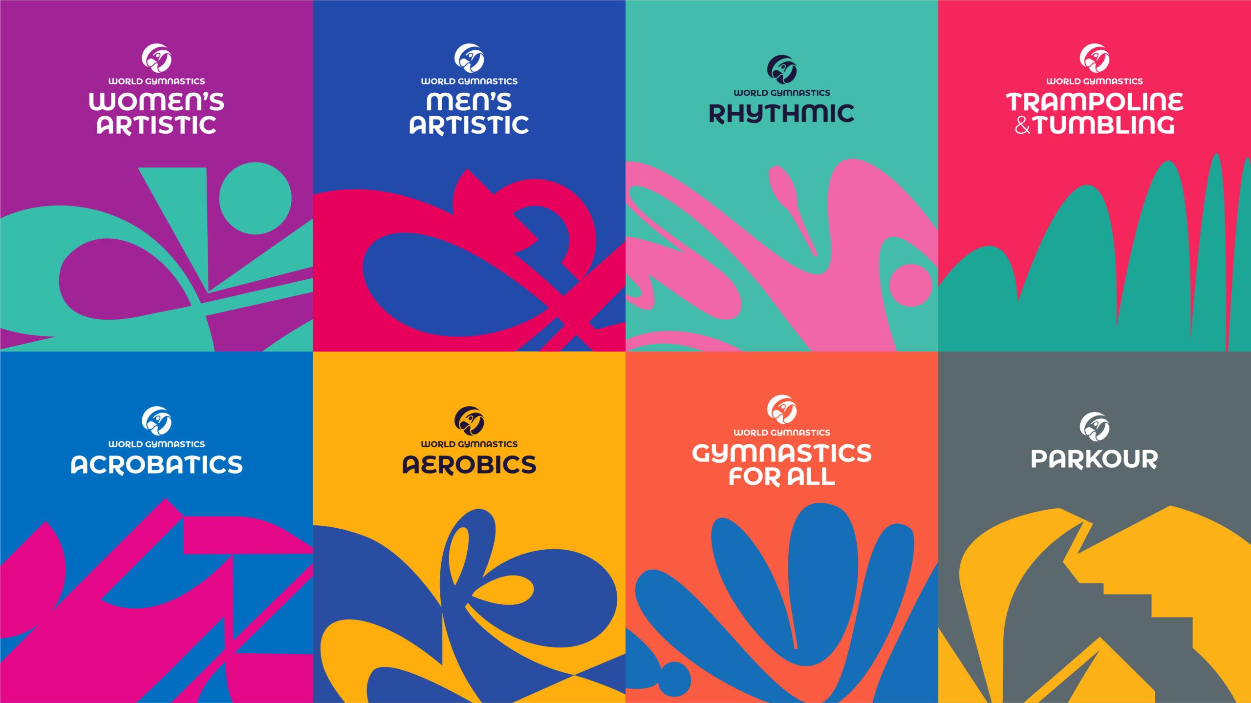 Overview of the 8 World Gymnastics discipline brands, showing their logos, primary colour palette and abstract branding patterns