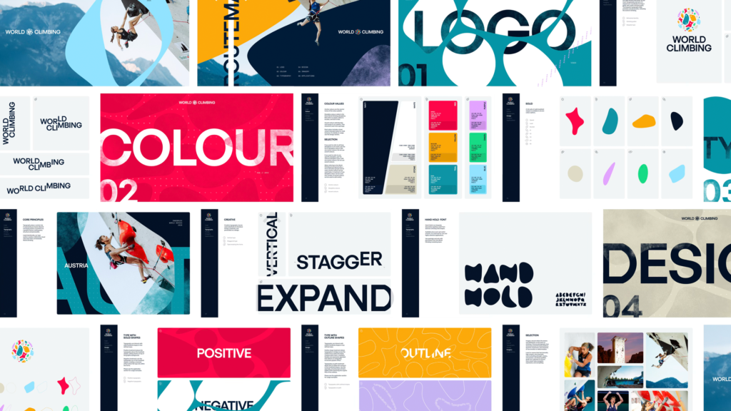 Tiled overview of pages from the World Climbing brand book
