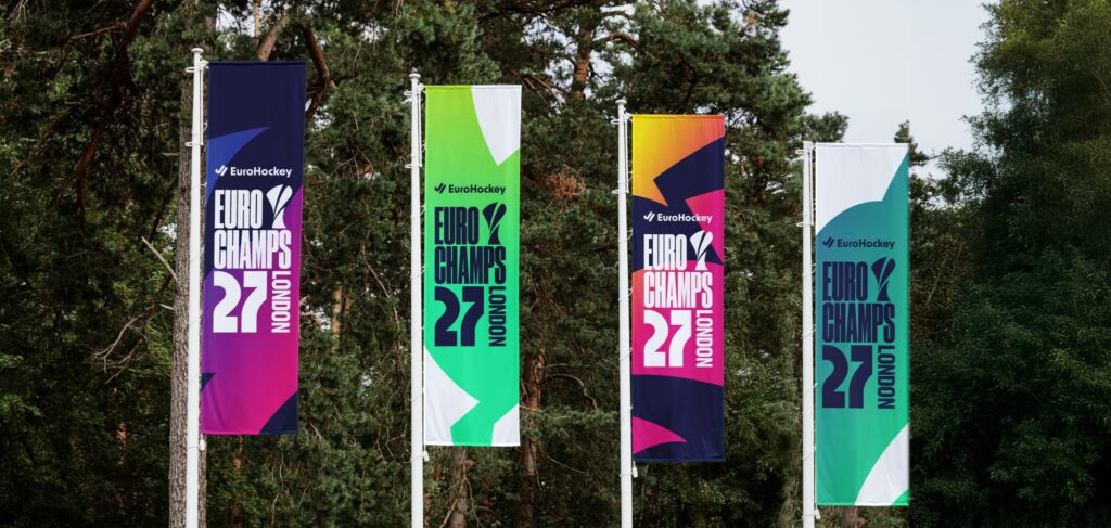 four flags displaying eurohockey 27 logo and typography