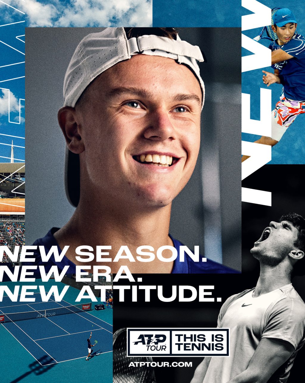 Holger Rune, Carlos Alcaraz, Shang and tennis court with New Season, New Era, New Attitude headline and ATP This Is Tennis logo
